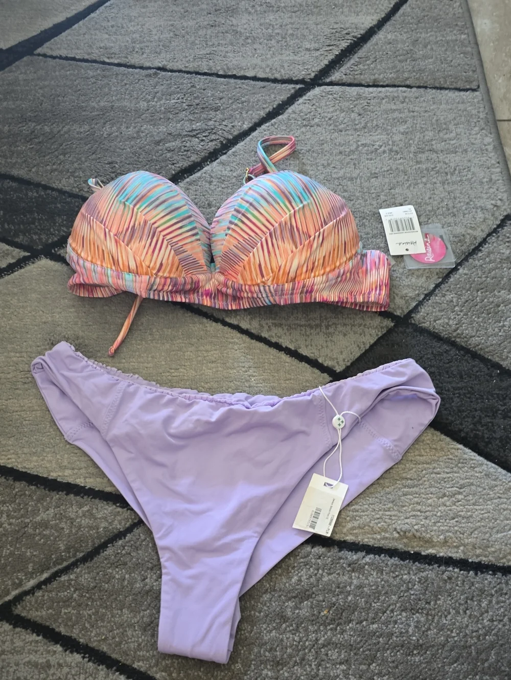 Frankie's Bikinis Multicolor Striped Ruched Top & Lavender Bikini Bottom